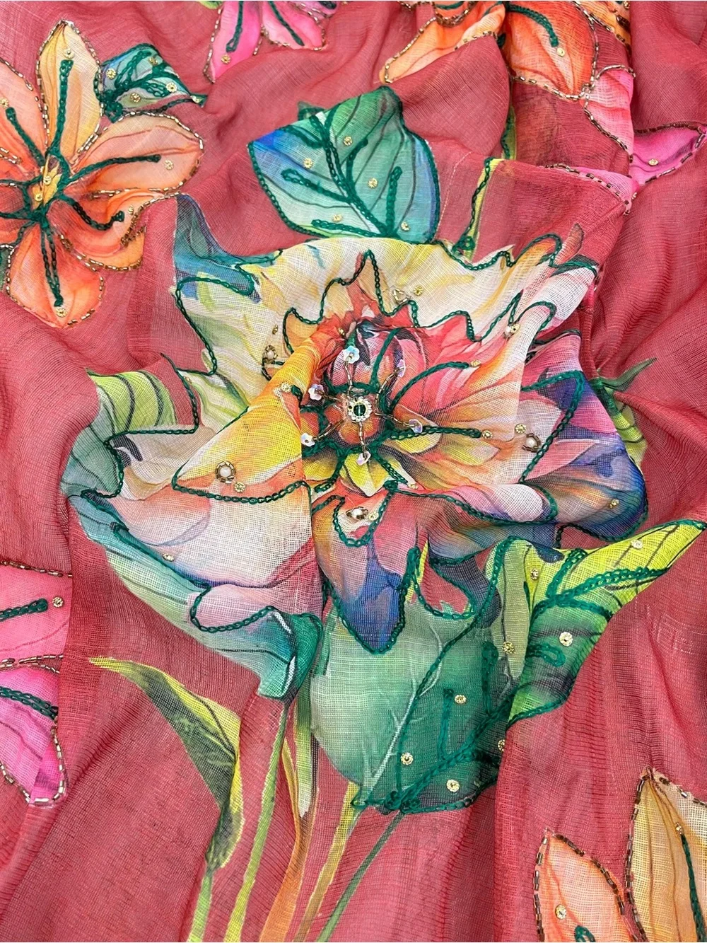 Elegant Floral Rust Hand Painted with Beaded Work Linen Saree